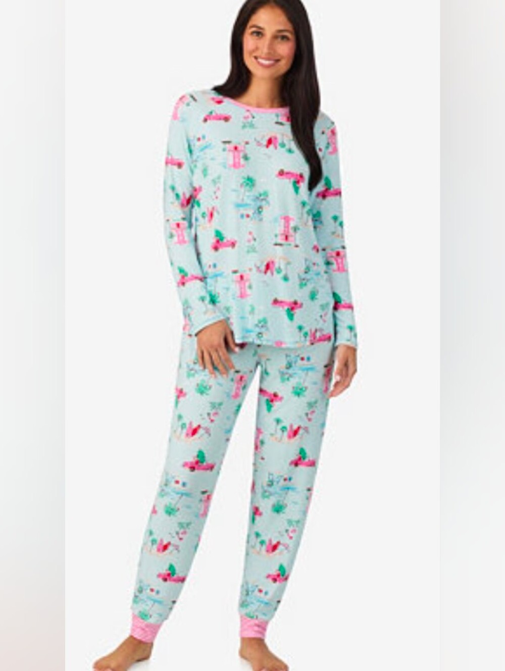 Cuddl Duds Light Blue Tropical Print Pajama Set with Pink Trim S